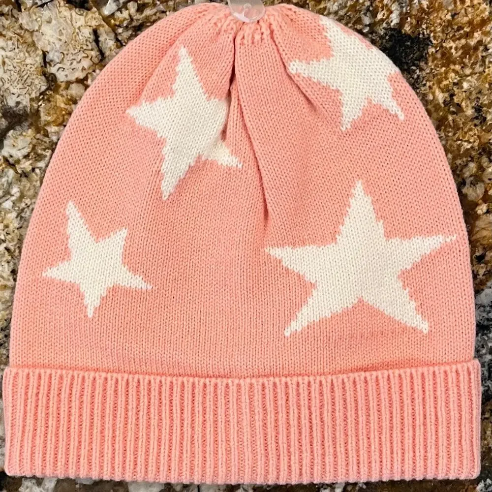 NWT J. Crew Girls' Pink W/Ivory Stars Knit Hat/Beanie